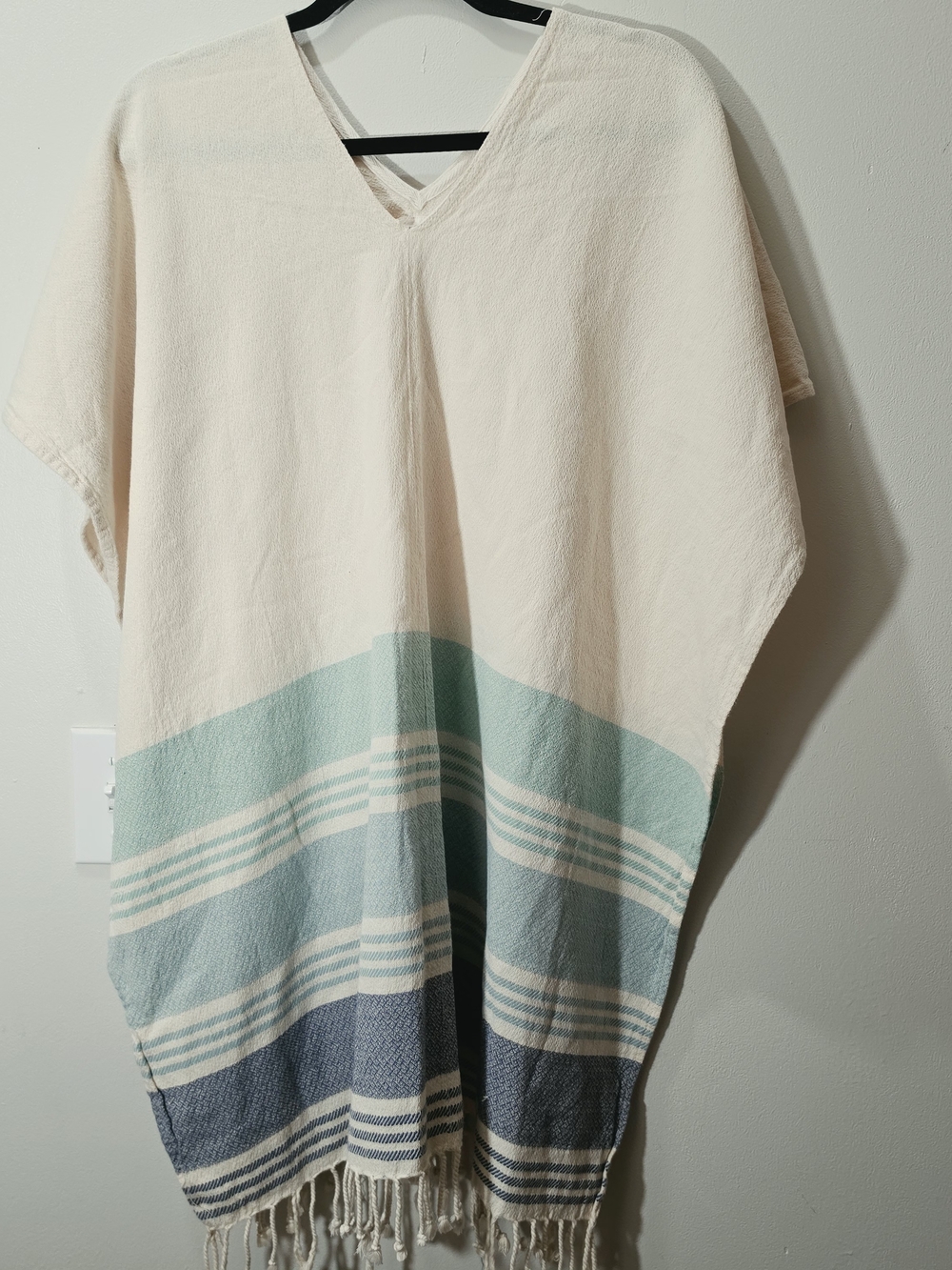 tribe alive Cream Denim Blue Striped V-Neck Fringe Poncho Beach Swim Coverup